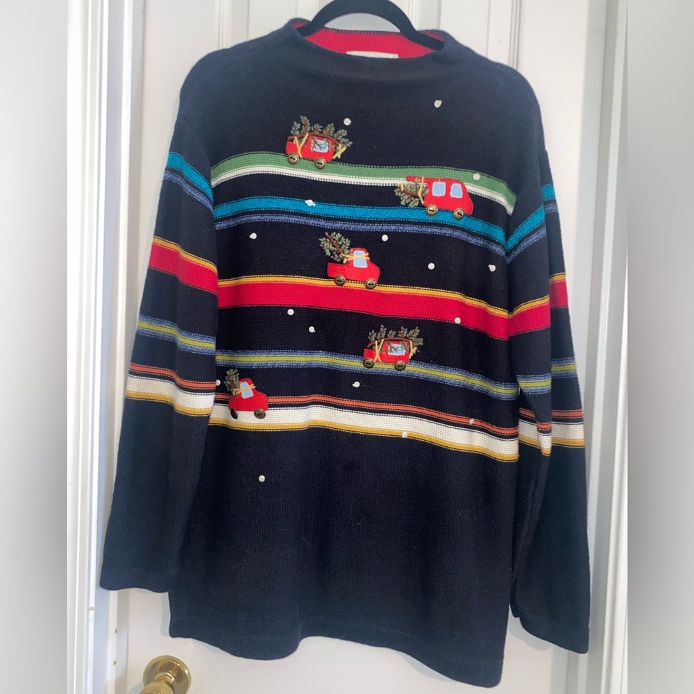 Susan Bristol Black Sweater with Colorful Stripes and Holiday Motifs‎